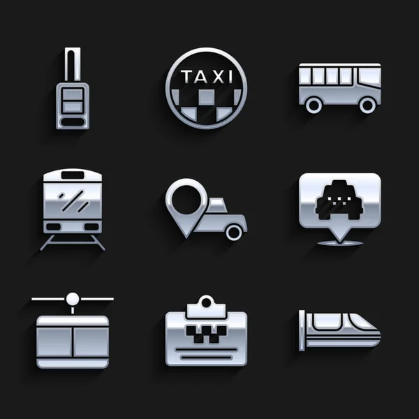 Establecer ubicación con taxi, licencia de taxista, tren de alta velocidad, teleférico, tren, autobús y coche icono remoto clave. Vector — Archivo Imágenes Vectoriales