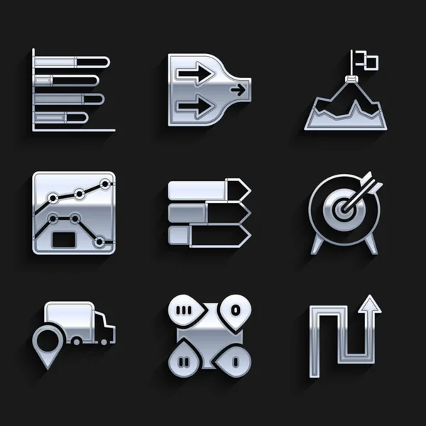 Set Pie Diagramm Infografik, Infografik Element, Pfeil, Ziel, Lieferverfolgung, Diagramm, Diagramm, Diagramm, Berge mit Flagge und Symbol. Vektor — Stockvektor