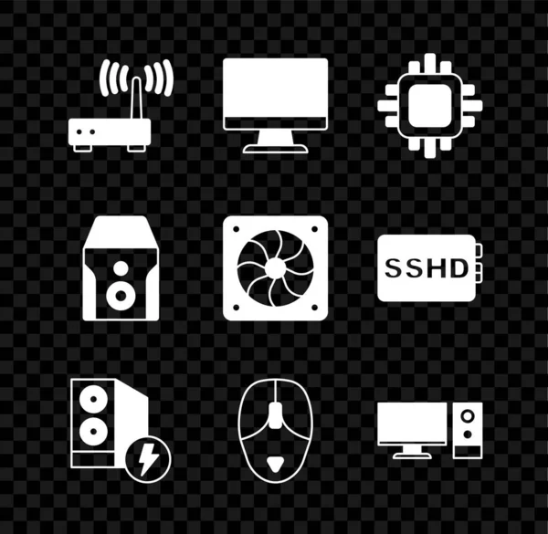 Définir le routeur et le signal wi-fi, écran de moniteur d'ordinateur, processeur avec processeur, boîtier de l'ordinateur, souris, alimentation sans interruption et icône refroidisseur. Vecteur — Image vectorielle