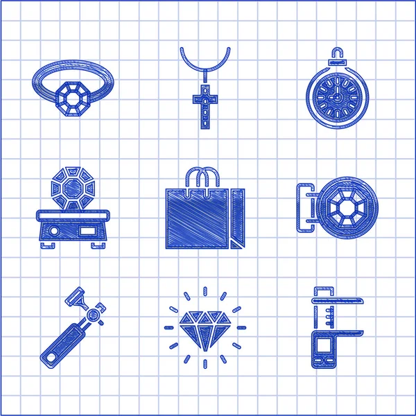 Set Shopping bag jewelry, Diamond, Calliper or caliper and scale, Jewelry store, Jewelers lupe, Gem stone, Pocket watch and engagement ring icon. Vector Stock Illustration