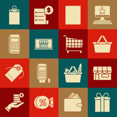 Hediye kutusunu, alışveriş binasını ya da marketi, sepeti, alışveriş çantasını ekran dizüstü bilgisayarında Pos terminalini ve araba simgesini ayarlayın. Vektör