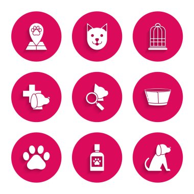 Veteriner kliniği sembolü, köpek ilacı şişesi koruyucu külah tasması, pençe izi, kuşlar için kafes ve veteriner hastane ikonlu harita işaretleyicisi. Vektör