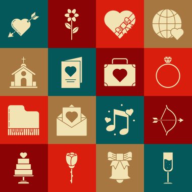 Şampanya, ok ve yay, elmas nişan yüzüğü, şeker kalpli kutu yayı, Sevgililer Günü parti broşürü, kilise binası, amour sembolü ve seyahat ikonu. Vektör