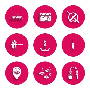 Oltayı, oltayı, oltayı, balığı, yüzen yeri, balıkçılığı, ağı, hayır ve tekne küreklerini su ikonuna ayarla. Vektör