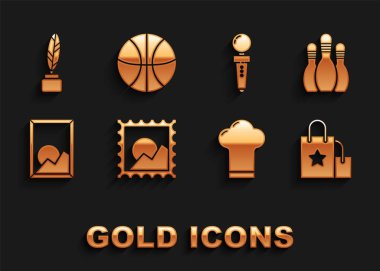 Resim manzarası, bovling broşu, kağıt alışveriş çantası, Şef şapkası, atari makinesi için Joystick, tüy mürekkebi ve basketbol topu ikonu. Vektör