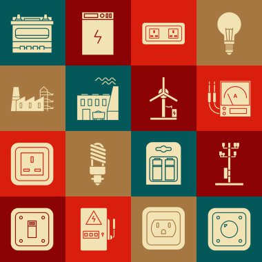Elektrik düğmesi, yüksek voltaj direği hattı, Ampere ölçer, multimetre, voltmetre, elektrik prizi, kömür santrali ve fabrika, güç istasyonu, araba aküsü ve rüzgar türbini ikonu. Vektör