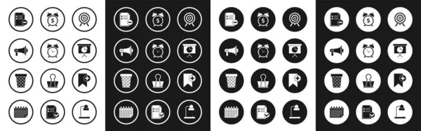 Set Target, Wecker, Megaphon, Dokument mit Minus, Präsentation Financial Board Graph, Zeitplan, Diagramm, Diagramm, Infografik, Tortendiagramm, Dollar-Symbol, Lesezeichen und Papierkorb-Symbol. Vektor — Stockvektor