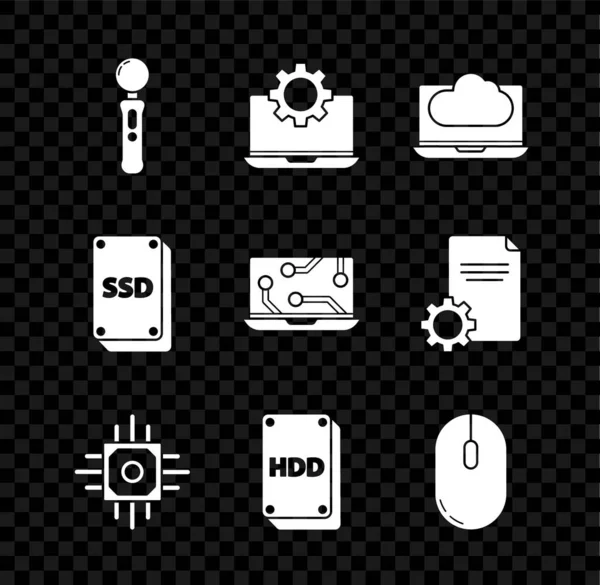 Conjunto Gamepad, Ordenador portátil y equipo, almacenamiento de transferencia de datos de tecnología en la nube, procesador, unidad de disco duro HDD, ratón de computadora, tarjeta SSD e icono. Vector — Archivo Imágenes Vectoriales