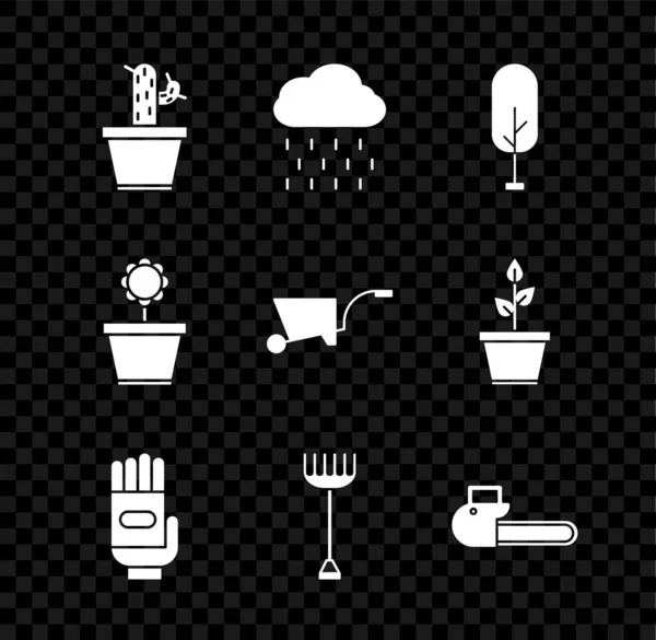 Conjunto de cactus y suculentas en maceta, Nube con lluvia, Árbol, Guantes de jardín, rastrillo, motosierra, Flor y Wheelbarrow icono. Vector — Vector de stock