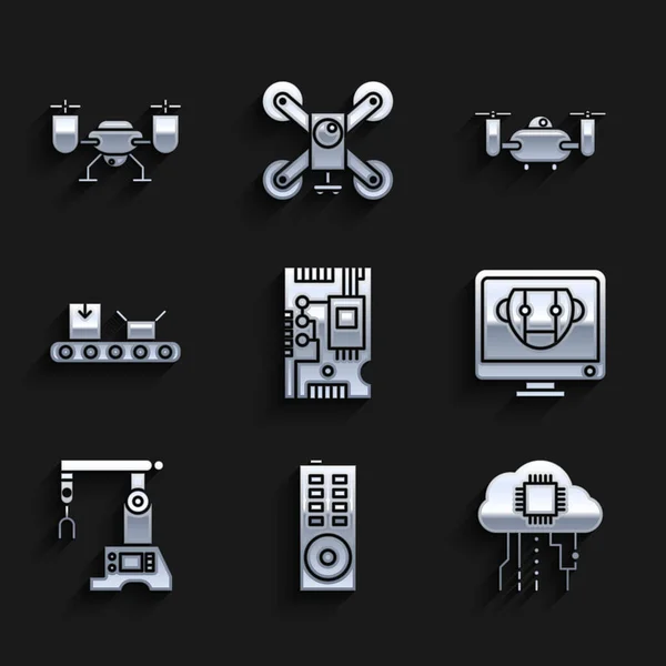 Set Componentes electrónicos placa base chip digital, Control remoto, Internet de las cosas, Bot, Línea de montaje, Cinta transportadora con caja de cartón, Cámara de acción de vuelo Drone e icono. Vector — Archivo Imágenes Vectoriales