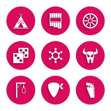 Hexagram şerifi, kovboy bandanası, tabanca kılıfında tabanca, Buffalo kafatası, darağacı, oyun zarları, eski ahşap tekerlek ve Kızılderili çadırı ikonu. Vektör