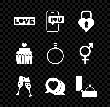 Set Love metin, Mobil kalp şeklinde Castle şampanya, kalp konuşma balonu, elmas nişan yüzüğü düğün pastası ve ikon şeklinde. Vektör