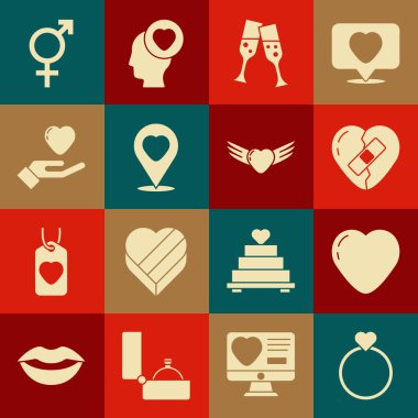 Set Alyansları, Kalp, Kırık Kalp, Bir bardak şampanya, Yer, Cinsiyet ve Kanat ikonu. Vektör