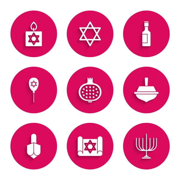 Set Pomegranate, Torah scroll, Hanukkah menorah, dreidel, Balloon with star of david, Jewish wine bottle and Burning candle icon. Vector — Stock Vector