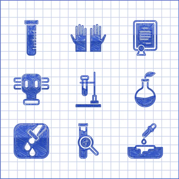 Mettre le feu à la fiole du tube à essai, et à la boîte de Pétri avec pipette, amélioration des plantes, masque à gaz, modèle de certificat et icône. Vecteur — Image vectorielle