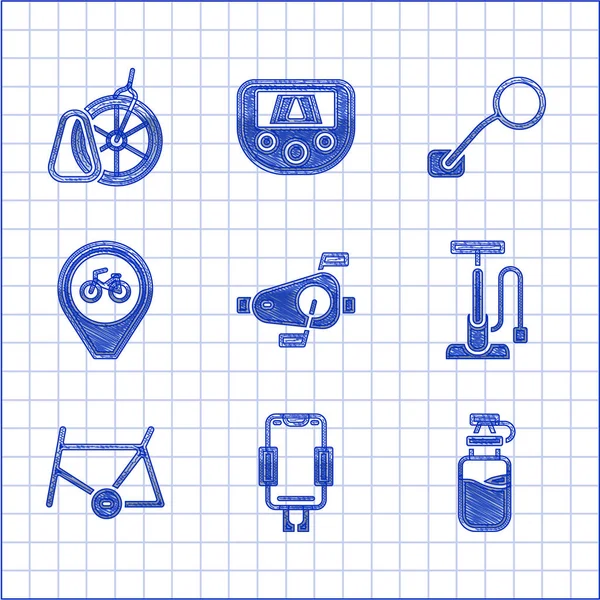 Set pedali bici, portabiciclette, bottiglia sport con acqua, pompa aria, telaio, posizione bicicletta, specchietto retrovisore e icona del parcheggio. Vettore — Vettoriale Stock