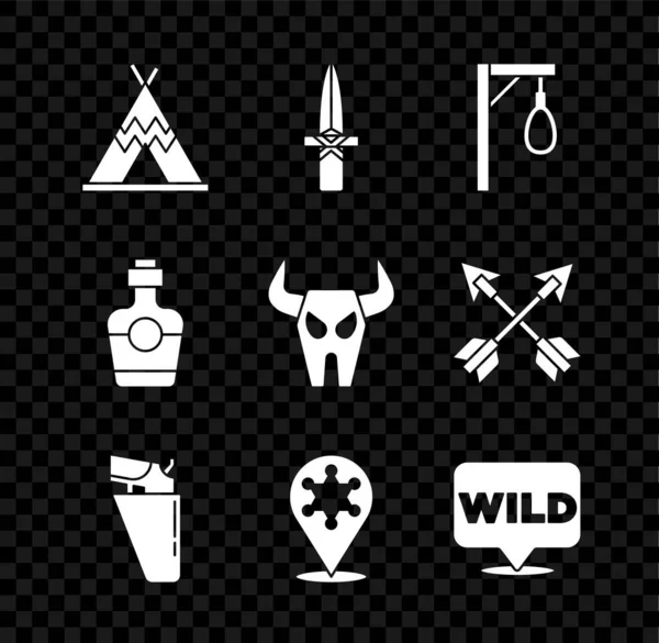 Stel Indiase tipi of wigwam, dolk, galg, Revolver pistool in holster, Hexagram sheriff, Pointer naar het wilde westen, Tequila fles en Buffalo schedel pictogram. Vector — Stockvector