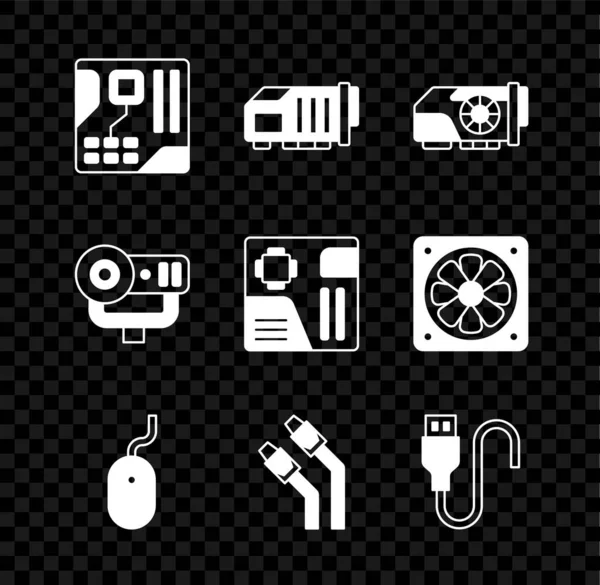 Stel Moederbord digitale chip, Videokaart, Computer muis, LAN-kabel netwerk internet, USB-snoer, Web camera en pictogram. Vector — Stockvector