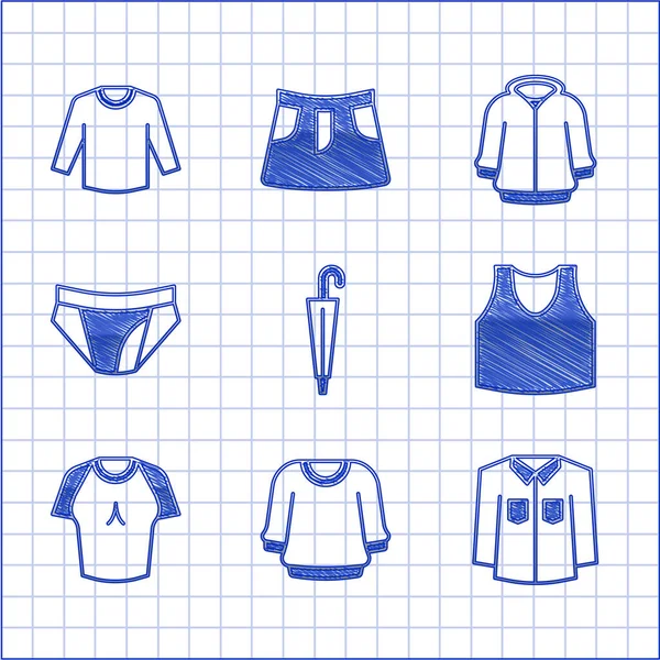 傘、セーター、シャツ、下着、 Tシャツ、メンズパンツ、パーカー、アイコンを設定します。ベクトル — ストックベクタ