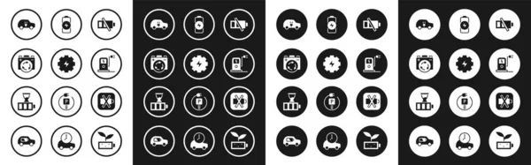 Set Lågt batteri, Växel och blixt, Batteri med återvinningssymbol, Elbil, laddstation, laddning och ikon. Vektor — Stock vektor