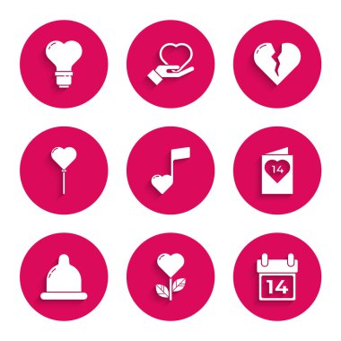 14 Şubat Sevgililer Günü broşüründe kalp şeklinde kalp şeklinde nota ayarlayın. Bozuk boşanma ve ampul ikonu şeklinde prezervatif balonları. Vektör.