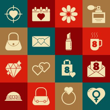 8 Mart kahve fincanı çantalı kadın cinsiyetini kalp hedefine ve ruj simgesine yerleştir. Vektör.