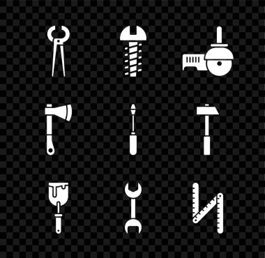 Kerpeten ve pense, metal vida, angle öğütücü, sopa anahtarlarını, cetvel, tahta baltayı ve tornavida simgesini ayarla. Vektör.