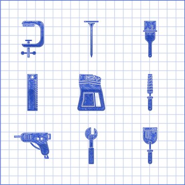 Çimento torbasını ayarlanabilir İngiliz anahtarı yontucu bıçak keski aletini tahta elektrikli elektrikli tutkal tabancası cetvel boya fırçası ve kelepçe ve vida ikonu için ayarla. Vektör.