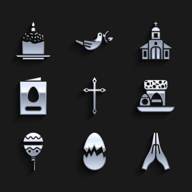 Hristiyan haçı kırılan yumurta ellerini dua pozisyonuna getir Paskalya pastası balonları, kurdeleli balonlar Mutlu Kilise binası ve mum ikonu. Vektör.