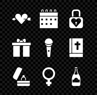 Aşk 'ı kalp ve okla ayarla Takvim Kilidi Alyansları Kadın cinsiyet sembolü Şampanya şişesi hediye kutusu ve mikrofon ikonu. Vektör.