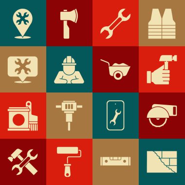 Bricks Electric dairesel elektrikli testereyi İngiliz anahtarı ve Wheelbarrow simgesi olan anahtarlı anahtarlı anahtarcı konumu ayarla. Vektör.