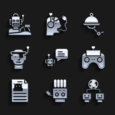 Robot Mekanik Robot Eli Yapay Zeka Uzaktan Kumanda Teknik Özellikleri Akıllı Gözlüklü Garson ve Robot İnsansı Araba Simgesi. Vektör.
