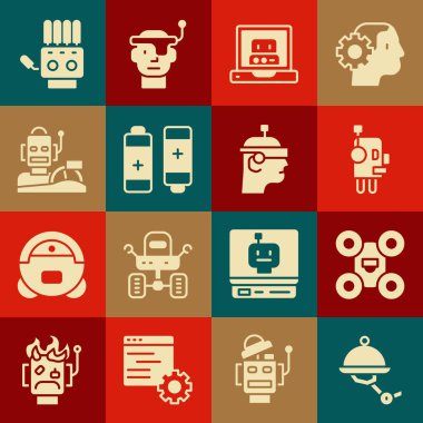 Garson Robot Robotu Batarya İnsanımsı Sürücü Aracı Mekanik El ve Akıllı Gözlük Simgesi Yap. Vektör.