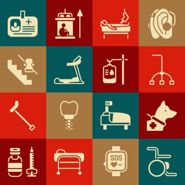 Tekerlekli sandalye rehber köpeği Yürüyen baston hasta kırık bacaklı Koşu bandı makinesi, engelli asansör kimlik kartı ve serum poşeti ikonu. Vektör.