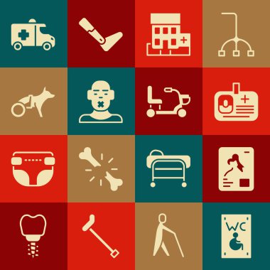 Set Separated toilet for disabled X-ray shots Identification badge Medical hospital building Head of deaf and dumb Dog wheelchair Emergency car and Electric icon. Vector.