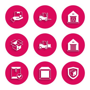 Forklift kamyon karton kutu teslim güvenliğini kalkan depo zarfı ile ayarlayın ve boks ve el simgesini işaretleyin. Vektör.