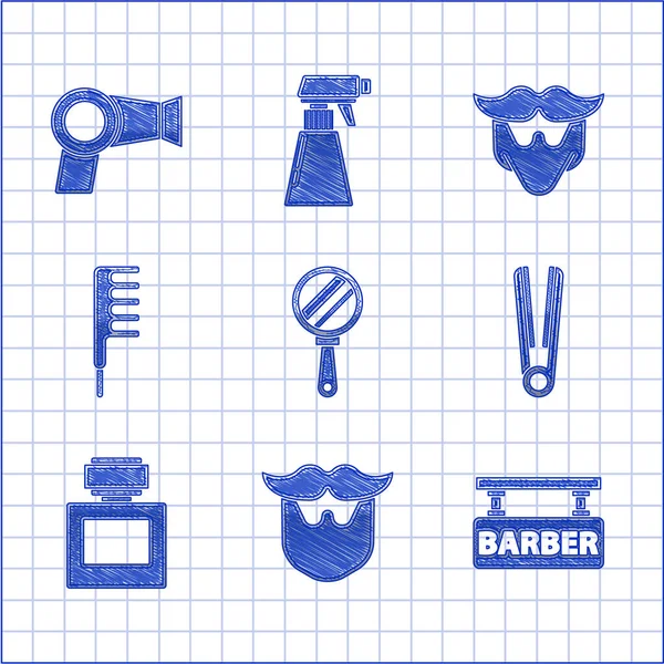 Set Hand Mirror Mustache Beard Barbershop Curling Iron Hair Aftershave — Stock Vector