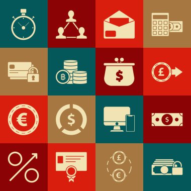 Kilitli para, kağıt para yığını, bozuk para sterlin sembolü, Zarf, Şifreleme bozuk para Bitcoin, Kredi kartı, Kronometre ve Cüzdan Dolar ikonu. Vektör