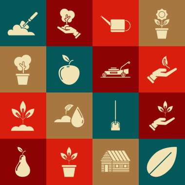 Yaprak, bitki, çevre koruması, filizlenme, sulama tenekesi, elma, ağaç tenceresi, bahçe küreği, kürek ve çim biçme makinesi ikonu. Vektör