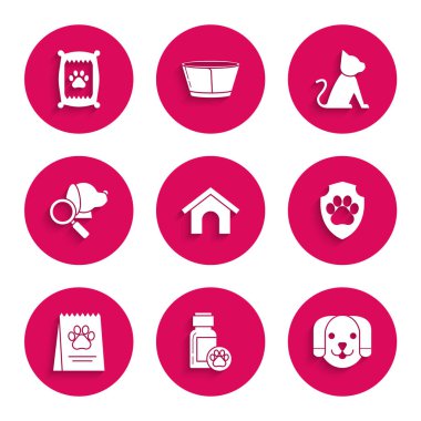 Set Köpek Evi, ilaç şişesi, hayvan sağlığı sigortası, köpek için yiyecek çantası, veteriner kliniği sembolü, kedi ve ikon. Vektör