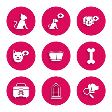 Koruyucu tasma, kuşlar için kafes veteriner kliniği sembolü, köpek kemiği, ilk yardım çantası ve kedi ikonu. Vektör