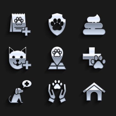 Set Map pointer with veterinary medicine hospital, Hands animals footprint, Dog house, Veterinary clinic symbol, Shit and Bag of food for dog icon. Vector