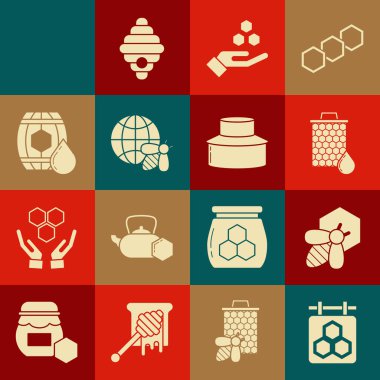 Bal peteği, arı, bal peteği, el, dünya arısı haritası, tahta fıçı, arılar için kovan ve şapka ikonu ile asma işareti koyun. Vektör