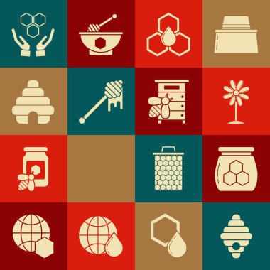 Arılar için kovan, bal kavanozu, çiçek, bal peteği, damlayan dipper çubuğu, ve eller ve ikon. Vektör