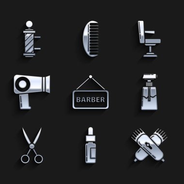Berber dükkanı cam şişesini pipette çaprazlanmış elektrikli saç makasıyla ya da tıraş kremi kozmetik tüp makas, saç kurutma koltuğu ve klasik direk ikonu ile ayarla. Vektör.
