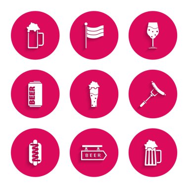 Bira Sokağı tabelasını, üzerinde bira bardağı bardağı sosisi çatallı sosis hardallı sandviç kutusu ve ikon yazısıyla ayarla. Vektör.