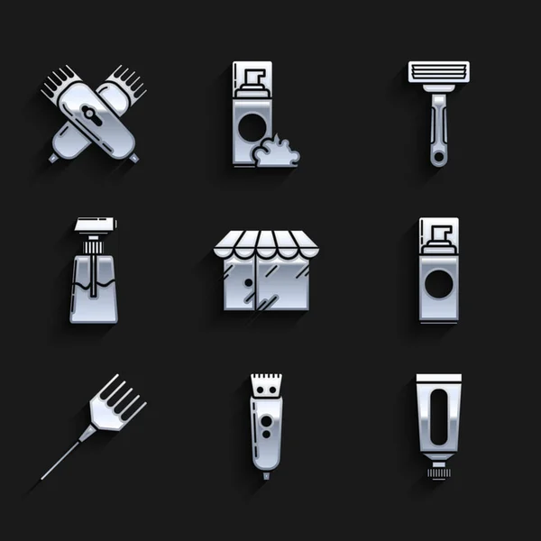 Set Barbershop Building Electrical Hair Clipper Shaver Cream Lotion Cosmetic — Stock Vector