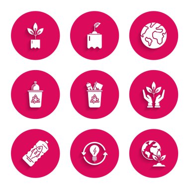 Geri dönüşüm kutusunu geri dönüşüm sembolü ve ampul ampulü ile ayarla. Dünya küresi, bitki, çevre koruma kolu. Okyanus plastik kirliliğini ve şişe ikonunu durdur. Vektör.