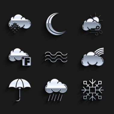 Set Dalgaları, Yağmurlu Bulut, Kar Tanesi, Gökkuşağı Bulutları, Klasik açık şemsiye, Fahrenheit ve rüzgarlı hava ve kar ikonu. Vektör