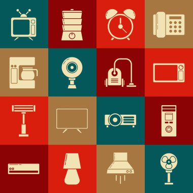 Elektrik vantilatörü, uzaktan kumanda, mikrodalga fırın, alarm saati, web kamerası, cam tencereli kahve makinesi, televizyon ve elektrik süpürgesi ikonu. Vektör